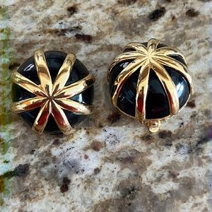 Vintage Lanvin Paris gold and black enamel clip earrings button style